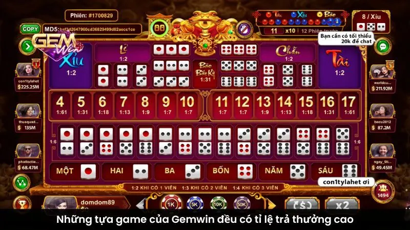 Những tựa game của Gemwin đều có tỉ lệ trả thưởng cao